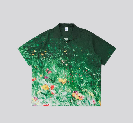 Deep green gradient floral short-sleeve button-up shirt with camp collar and buttons