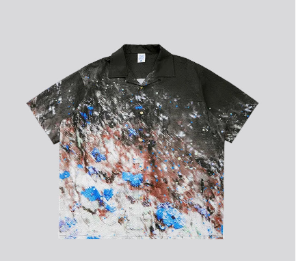 Black gradient floral short-sleeve button-up shirt with camp collar and button placket
