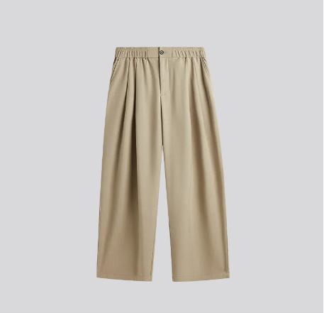 Walnut relaxed wide-leg suit trousers, elastic waistband with center-front seam