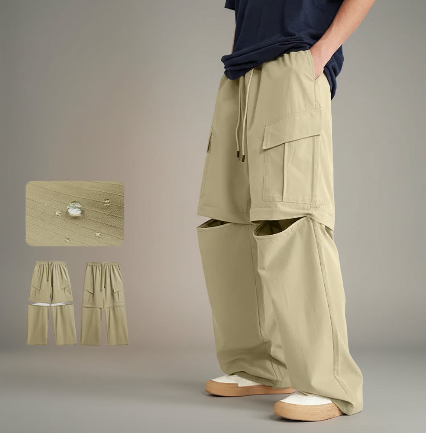 Beige detachable cargo trousers with flap pockets and detachable side panel detailing
