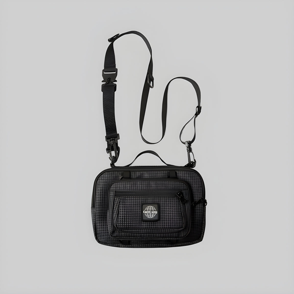 Utility crossbody bag, dark mesh fabric, front zip pocket, adjustable strap