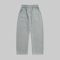 Heather gray relaxed sweatpants with elastic waistband and drawstring, wide straight legs