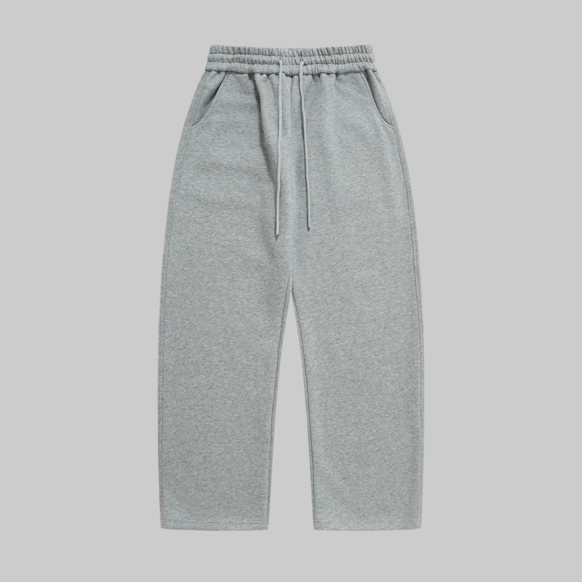 Heather gray relaxed sweatpants with elastic waistband and drawstring, wide straight legs