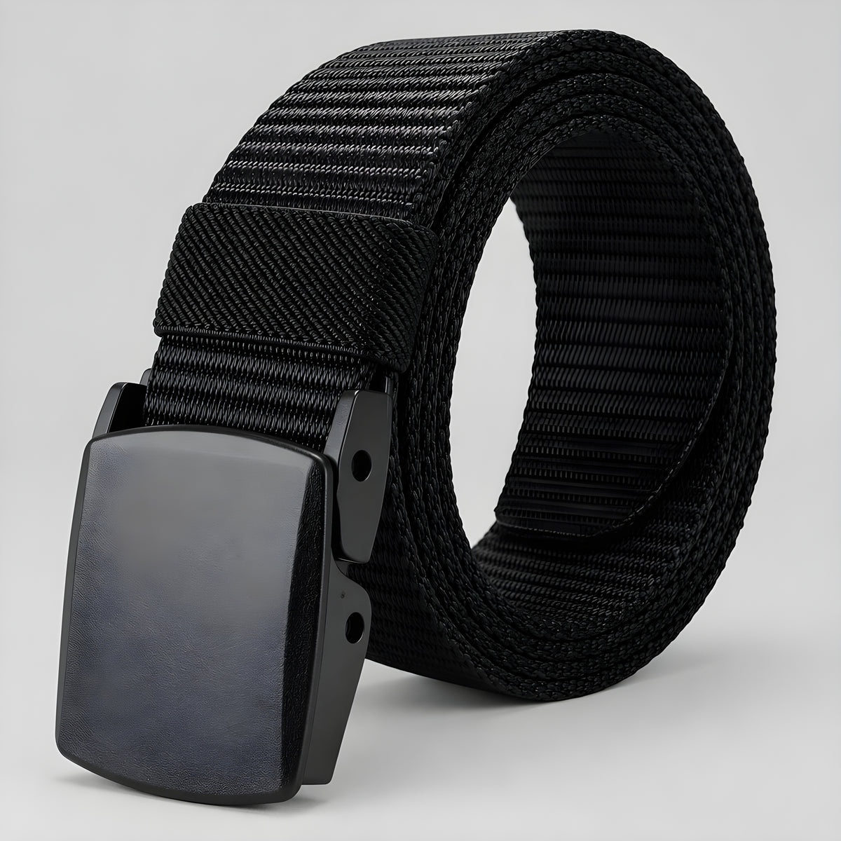 Canvas utility belt with black webbing and rectangular plastic buckle
