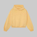 Ochre pullover hoodie with embossed lettermark graphic, front pocket, and hood