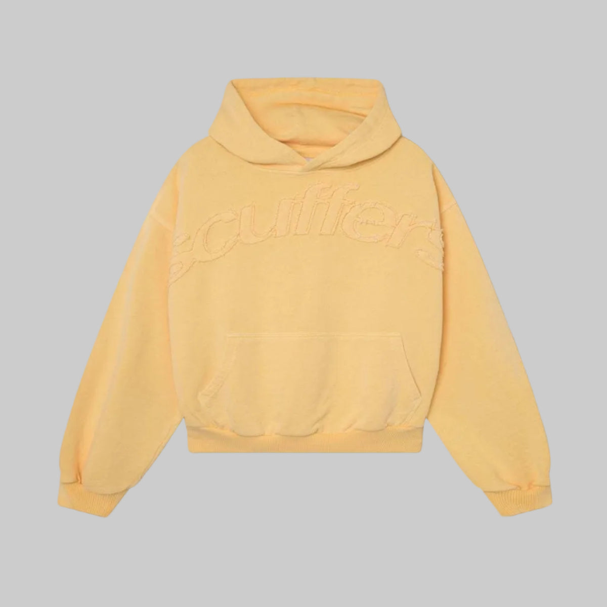 Ochre pullover hoodie with embossed lettermark graphic, front pocket, and hood