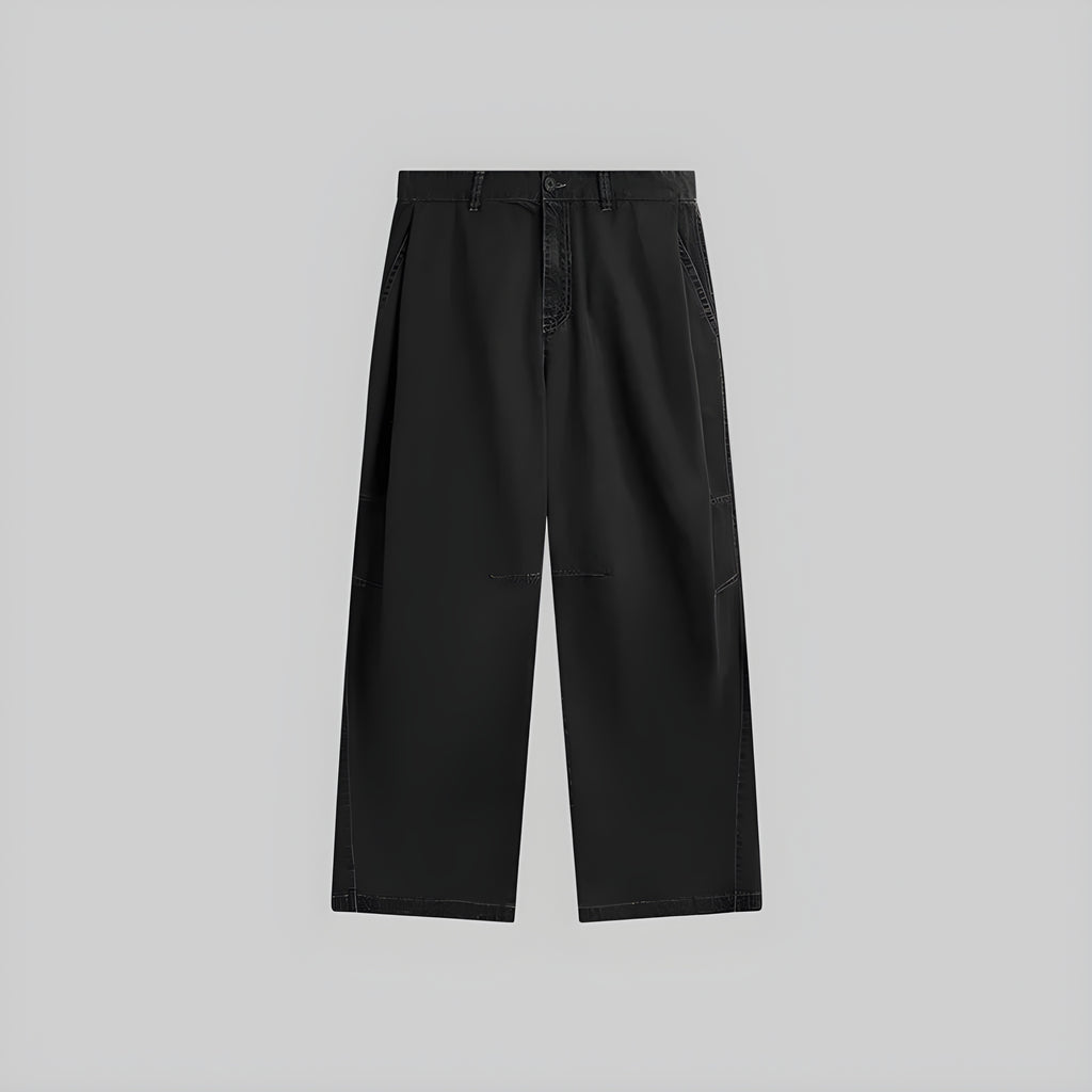 Washed bamboo trousers in obsidian black, flat front with straight wide legs.