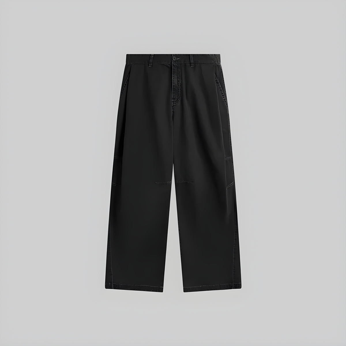 Washed bamboo trousers in obsidian black, flat front with straight wide legs.