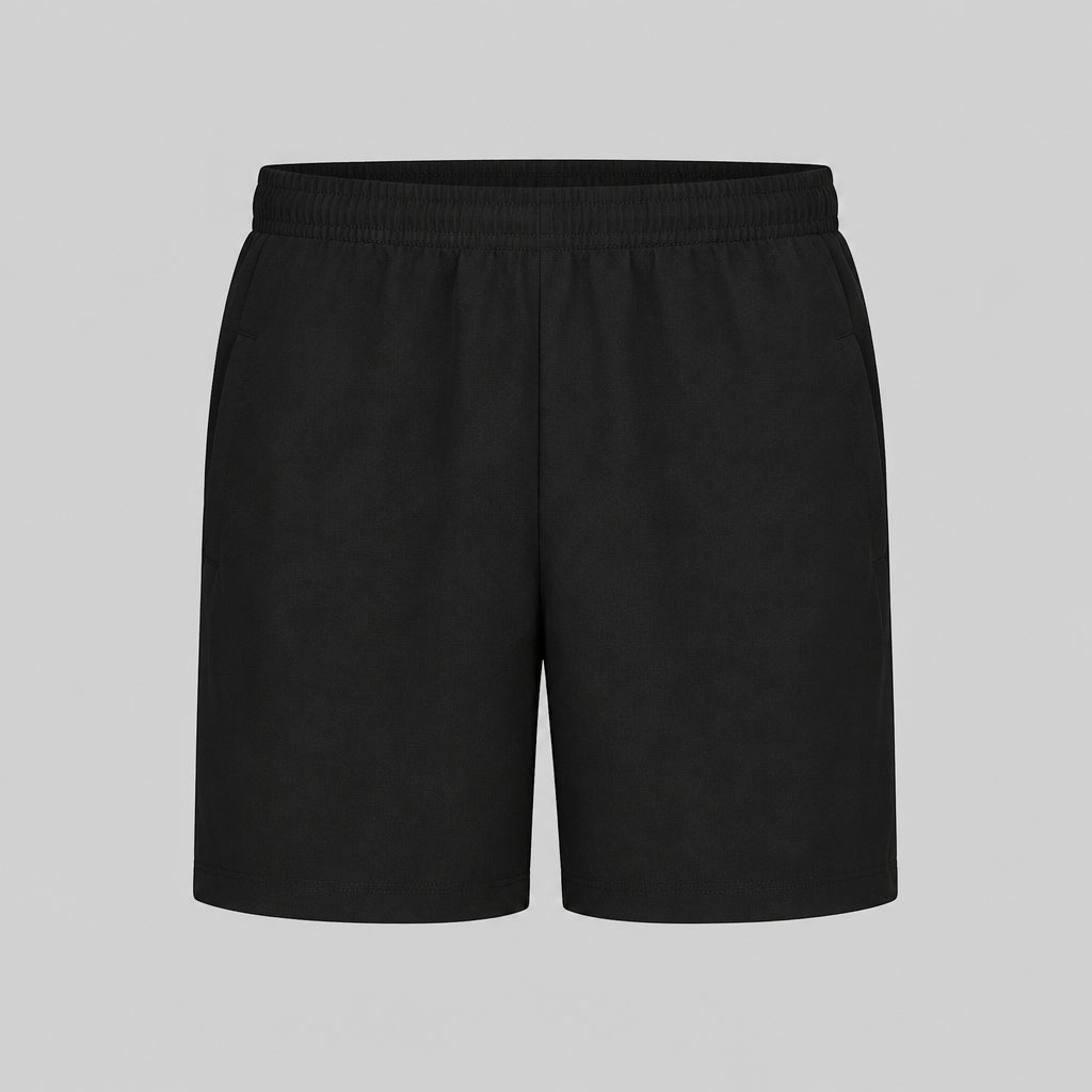 Technical Velocity short in black, elastic waistband and straight-leg silhouette.