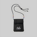Black cord pouch with front zipper pocket, beaded cord accents, and logo print