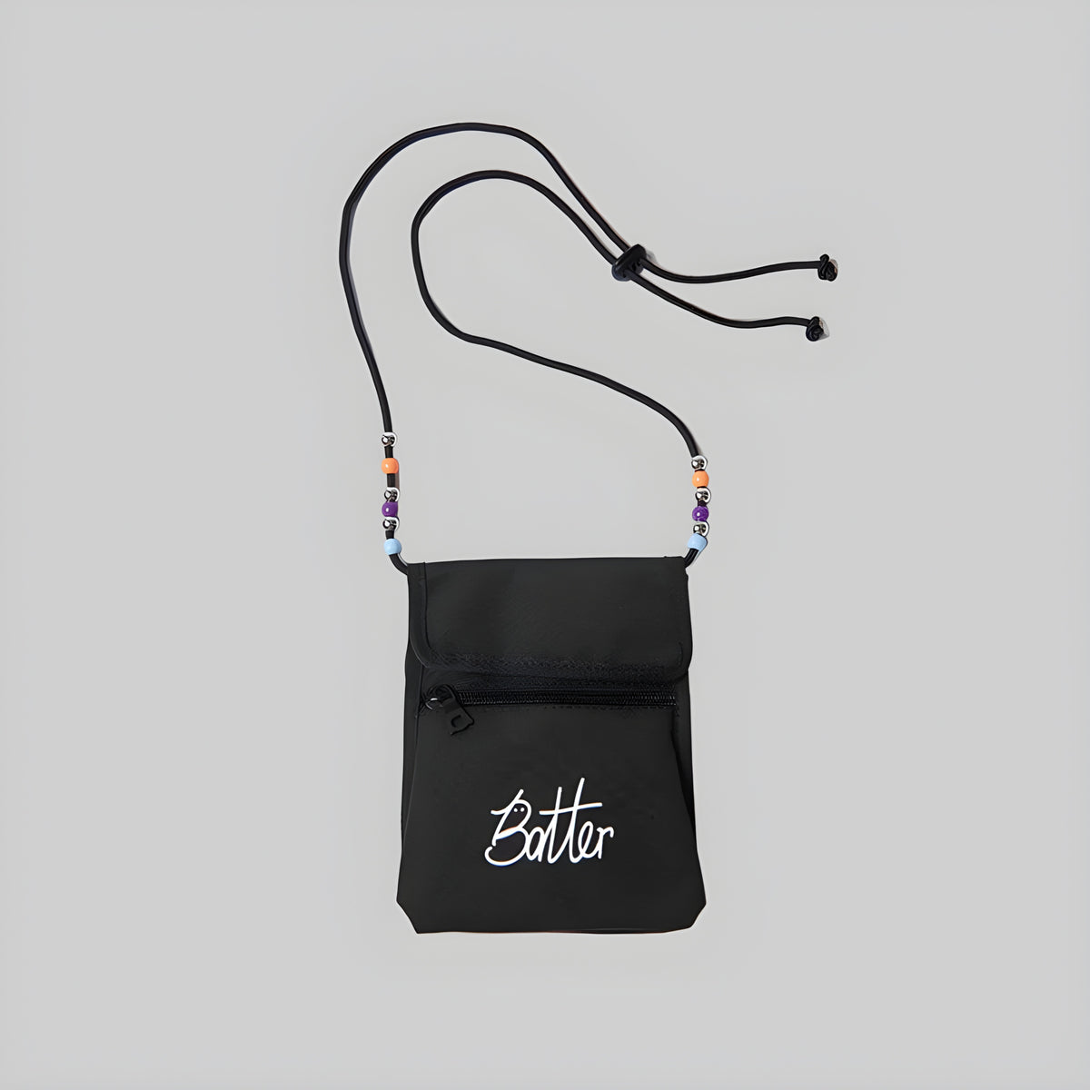 Black cord pouch with front zipper pocket, beaded cord accents, and logo print