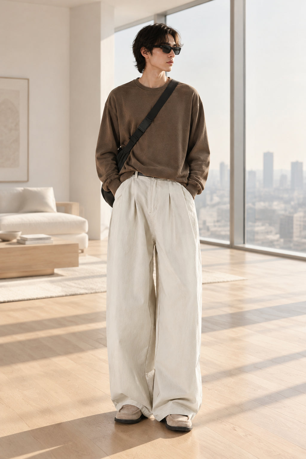 Light washed pleated wide-leg trousers with buttoned waistband and belt loops.