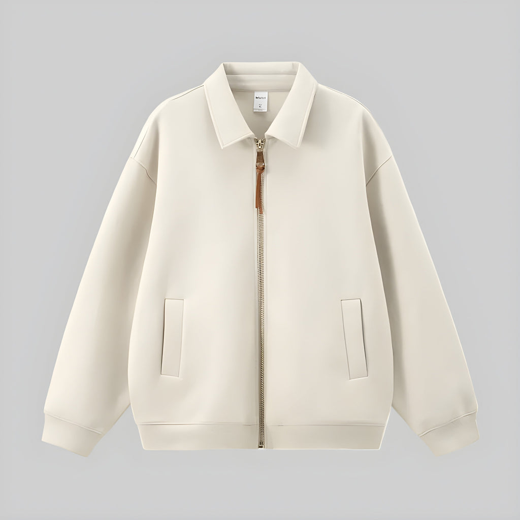 Ivory zip-up uniform jacket with stand collar, front zipper, and two side pockets