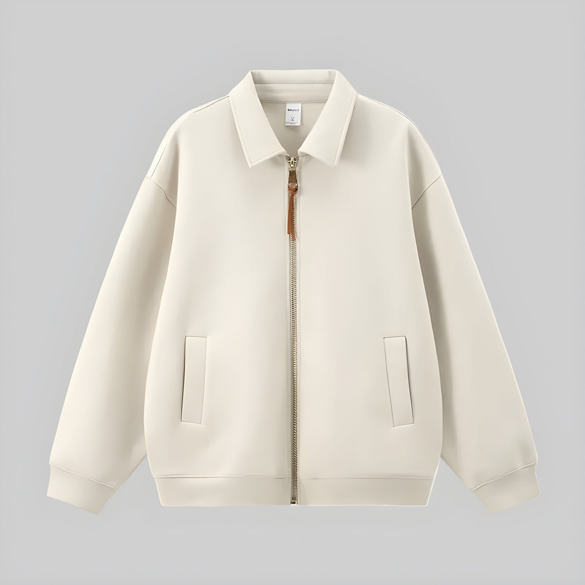 Ivory zip-up uniform jacket with stand collar, front zipper, and two side pockets