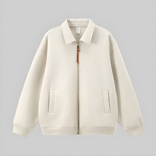 Ivory zip-up uniform jacket with stand collar, front zipper, and two side pockets