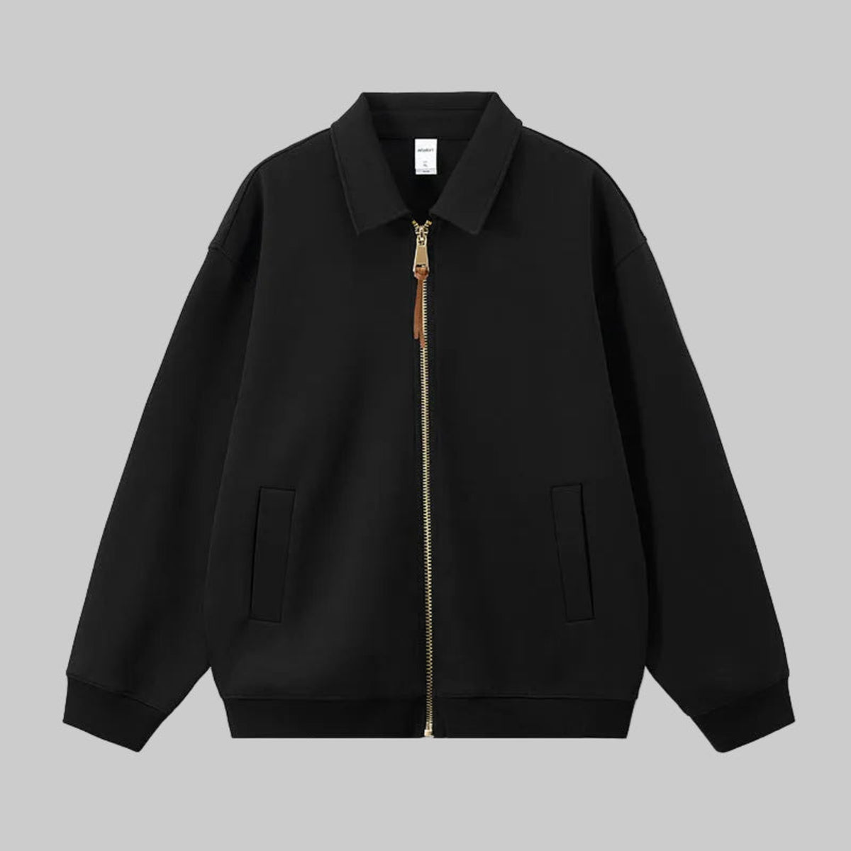 Black zip-up uniform jacket with stand collar, front zipper, and two side pockets