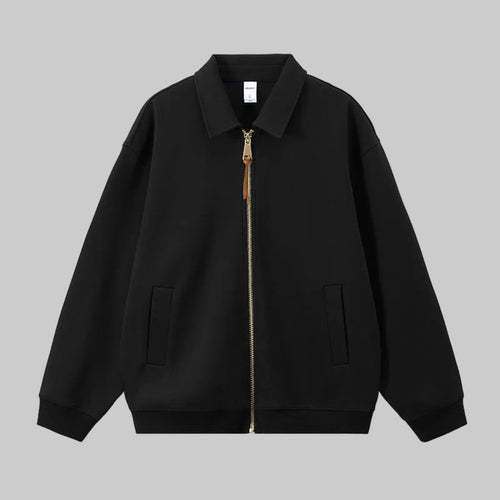Black zip-up uniform jacket with stand collar, front zipper, and two side pockets