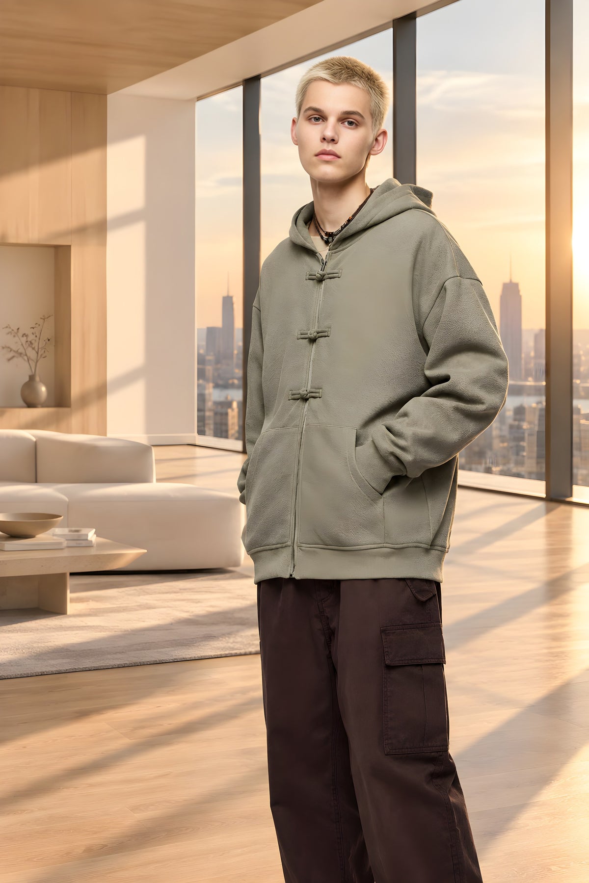 Sage-green fleece zip hoodie with hood, front toggle-style zipper, and pouch pocket