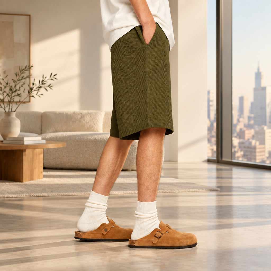 Waffle lounge shorts in moss green, drawstring elastic waistband, relaxed short length.