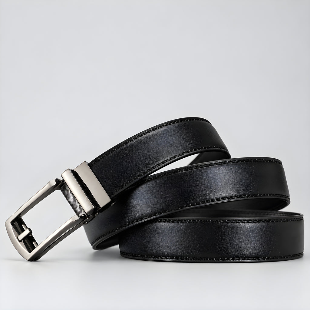 Obsidian canvas utility belt with silver rectangular buckle and stitched edge