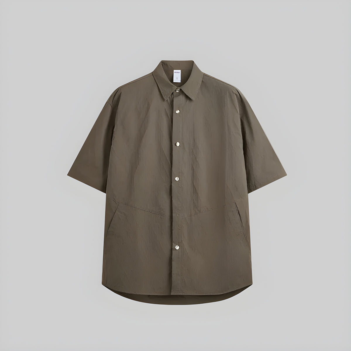 Coffee brown jacquard short-sleeve button-up shirt with point collar and button placket