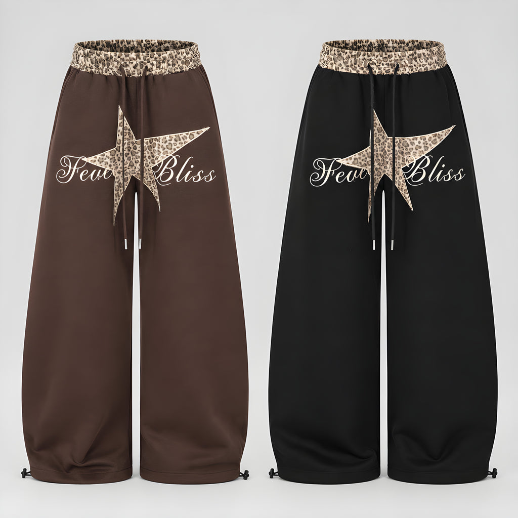 Embroidered curved trousers in mocha and obsidian with leopard accents and drawstring waist