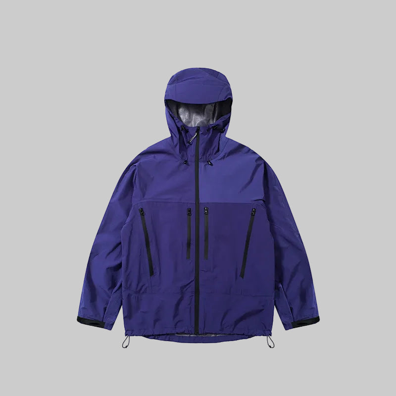 Windproof hardshell coat with hood, dark purple, front zip and drawcord hood and hem