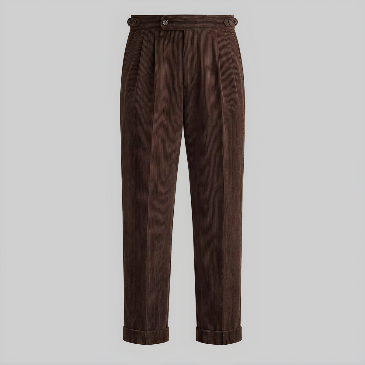 Mocha corduroy drape trousers with pleats, button waistband, and straight tapered legs