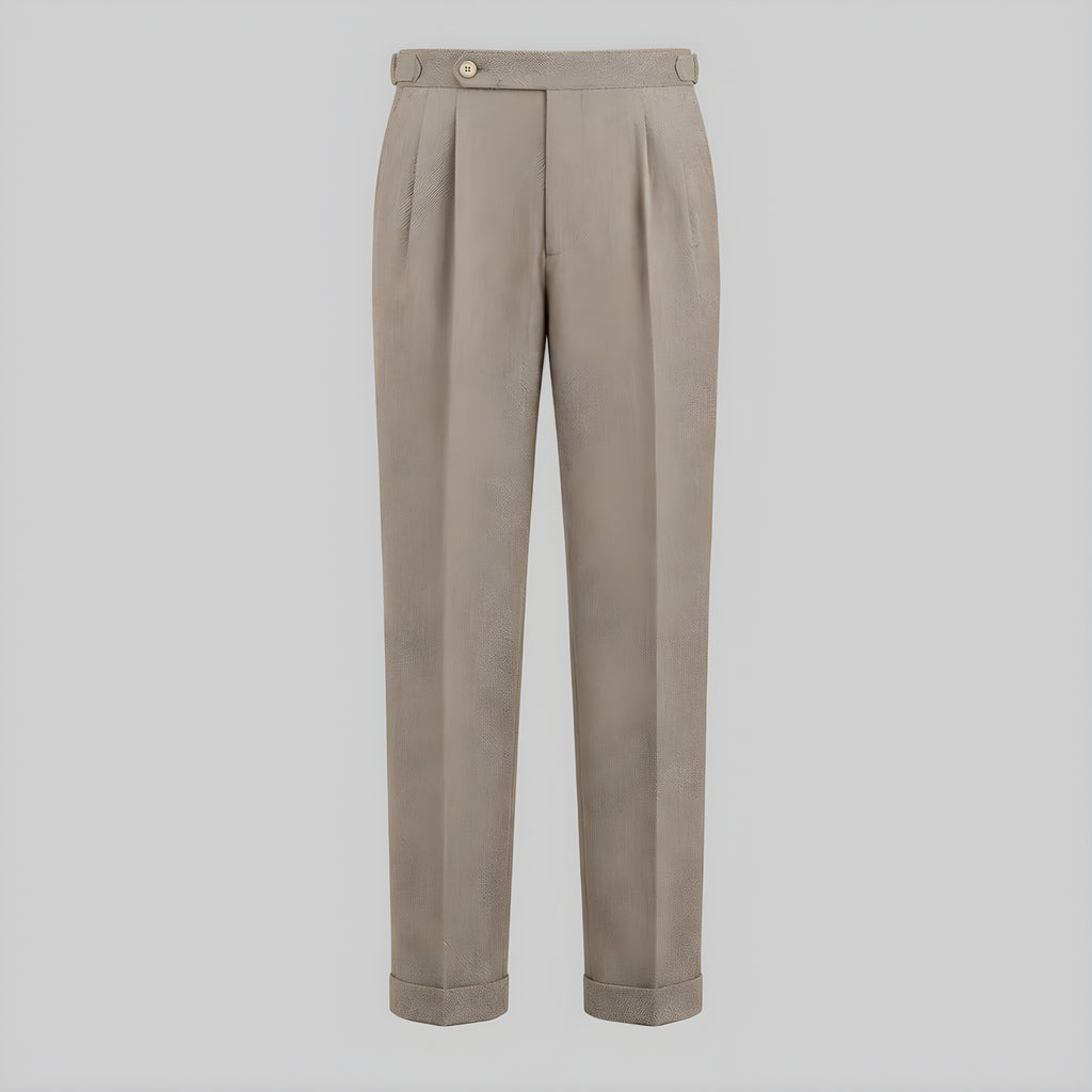 Stone-brown corduroy drape trousers with pleated front and button waist