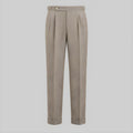 Stone-brown corduroy drape trousers with pleated front and button waist