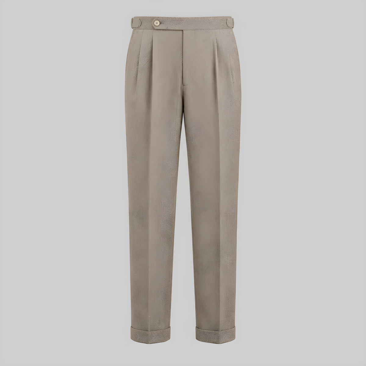 Stone-brown corduroy drape trousers with pleated front and button waist