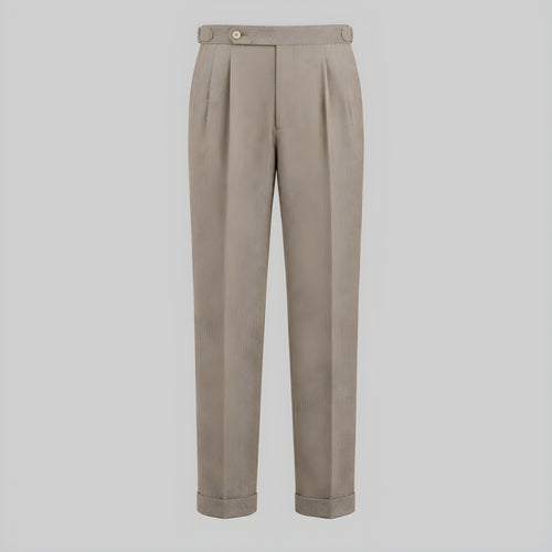 Stone-brown corduroy drape trousers with pleated front and button waist