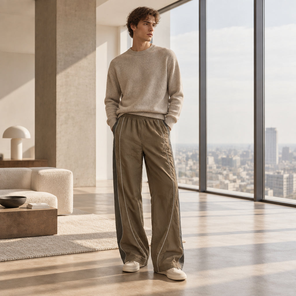 Walnut reflective stripe trousers, relaxed fit with reflective side stripes and loose hem