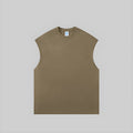 Brown/tan sleeveless vest with crew neck, heavyweight knit fabric.