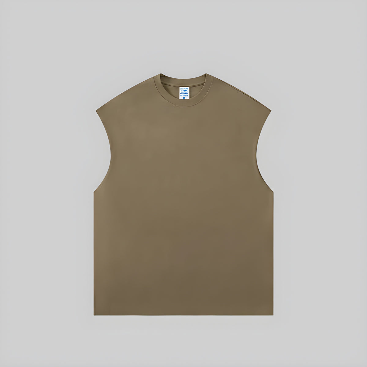 Brown/tan sleeveless vest with crew neck, heavyweight knit fabric.