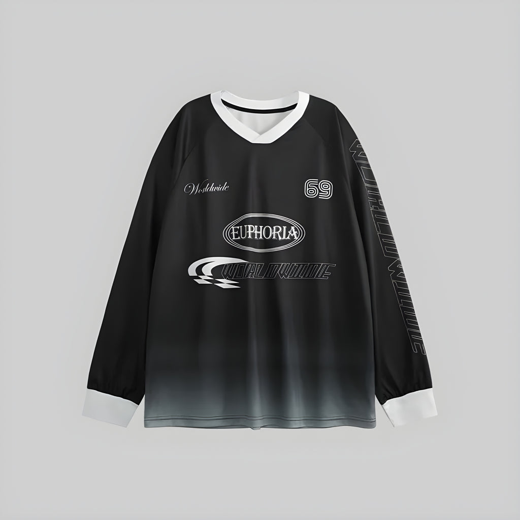 Obsidian gradient long-sleeve V-neck tee with front graphic print and white trim