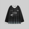 Obsidian gradient long-sleeve V-neck tee with front graphic print and white trim