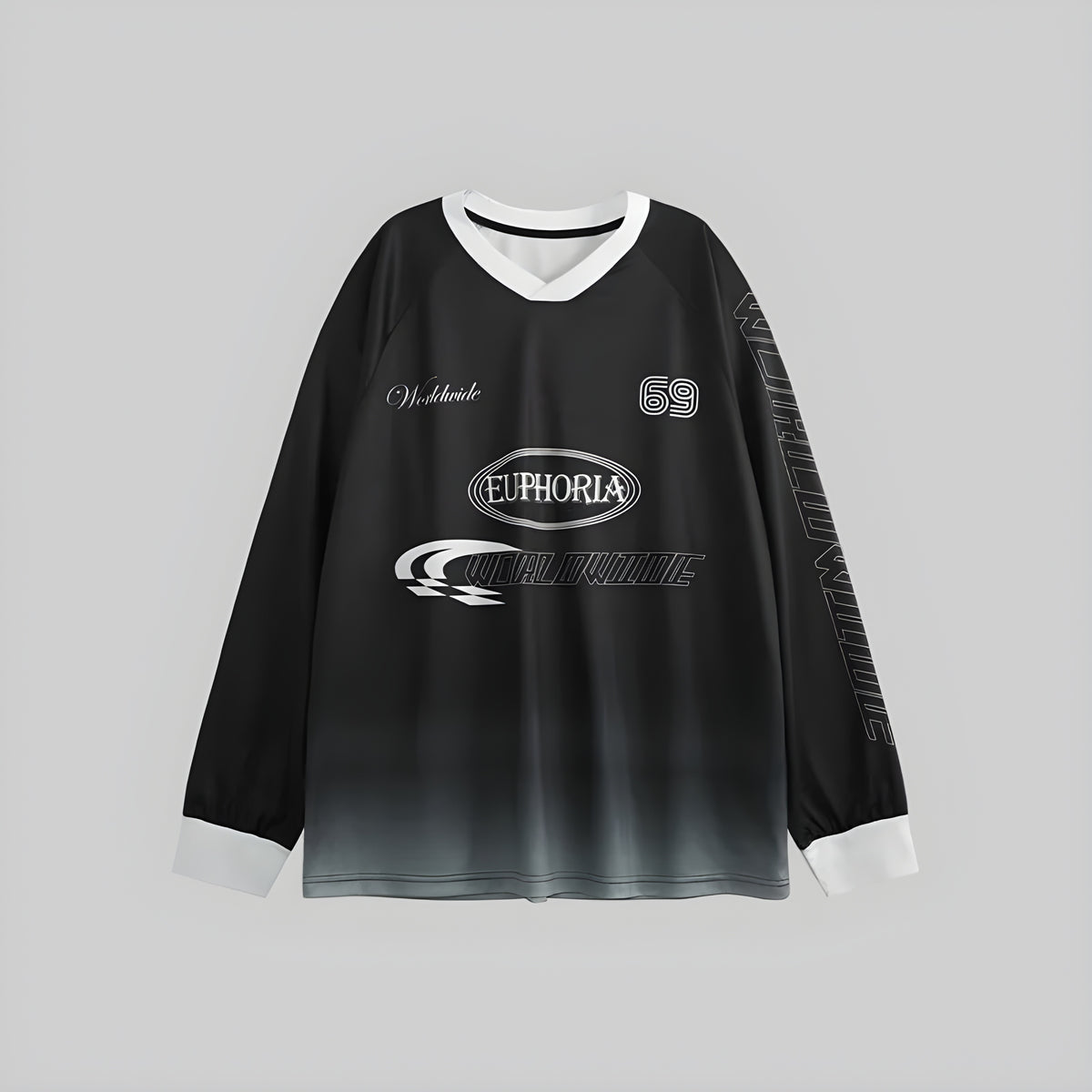 Obsidian gradient long-sleeve V-neck tee with front graphic print and white trim