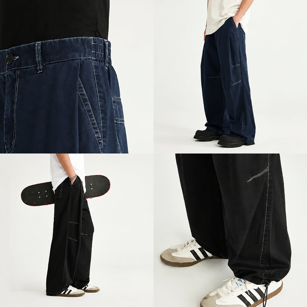 Washed bamboo trousers in dark denim, elastic waistband and relaxed side seams.