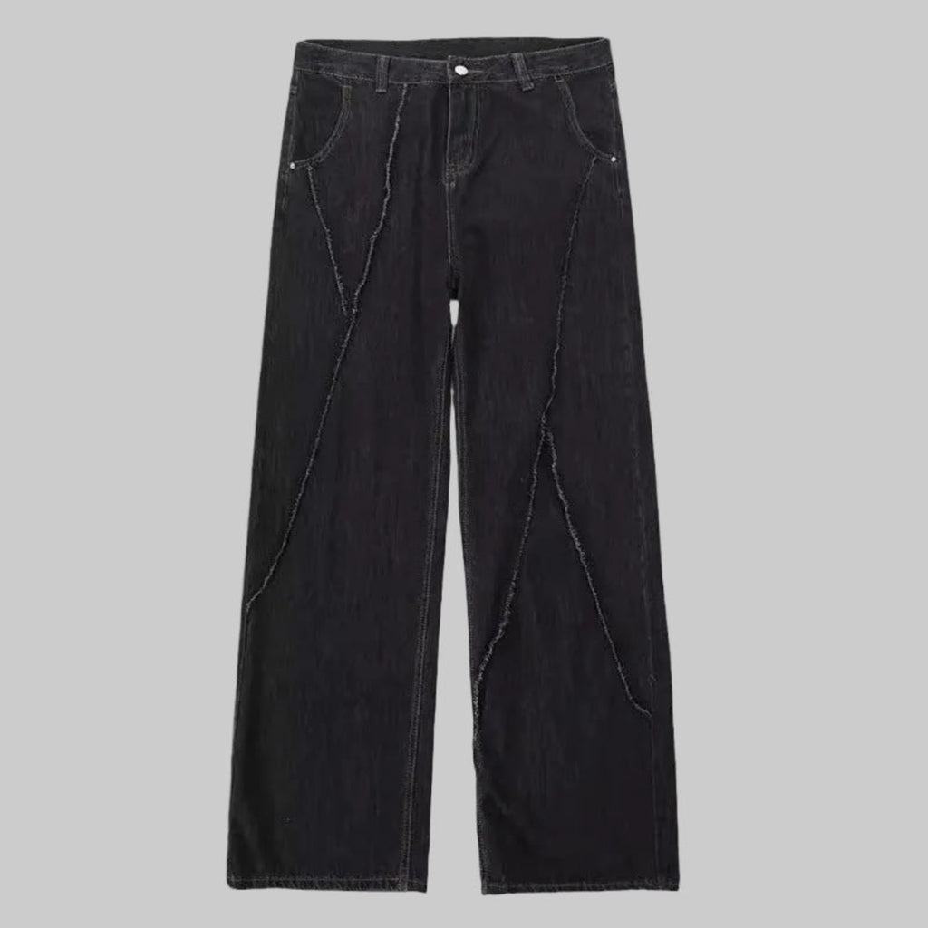 Black straight-leg jeans with front button fly, belt loops, and diagonal whisker seams