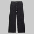 Black straight-leg jeans with front button fly, belt loops, and diagonal whisker seams
