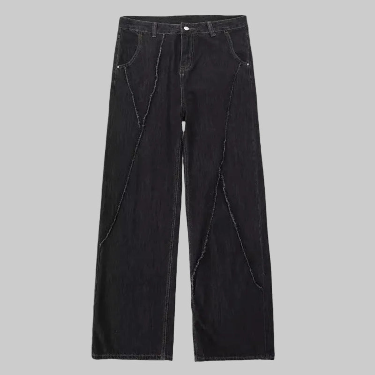 Black straight-leg jeans with front button fly, belt loops, and diagonal whisker seams