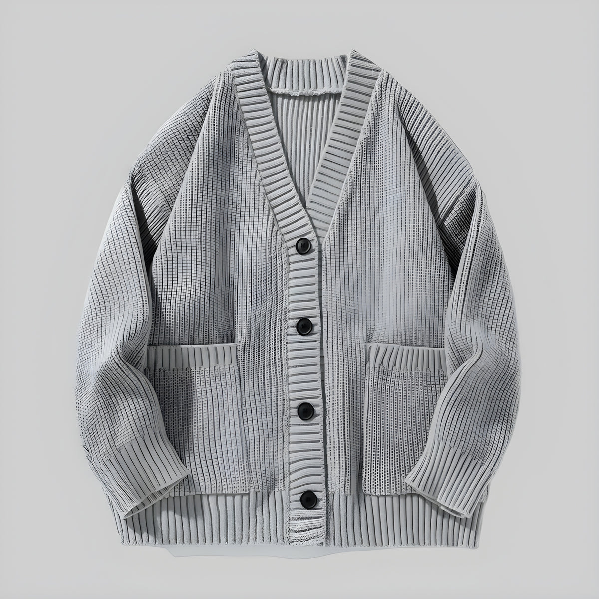 Ash gray coarse-stitch cardigan, V-neck button front with patch pockets