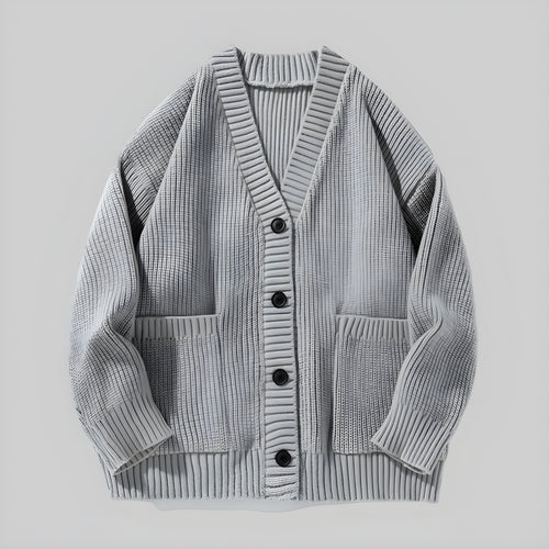 Ash gray coarse-stitch cardigan, V-neck button front with patch pockets