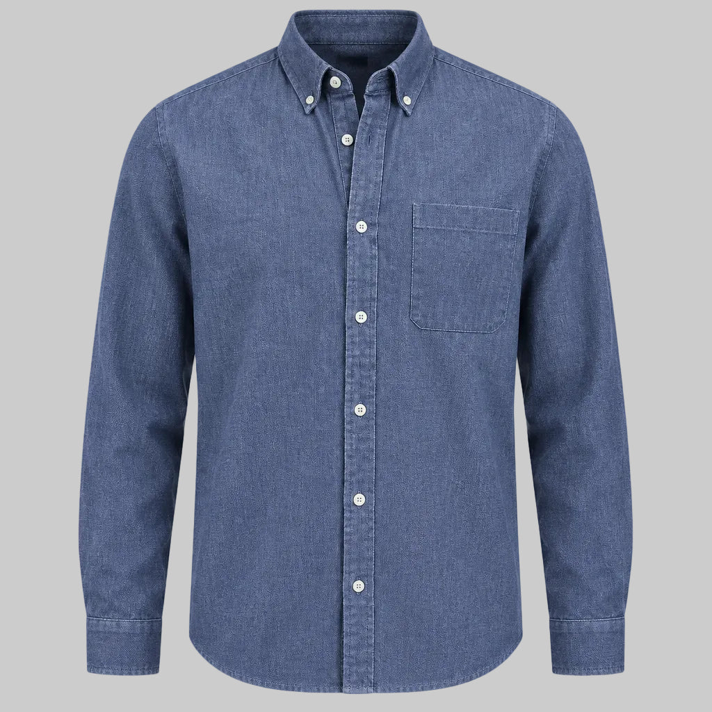 Denim blue long-sleeve lapel button-up shirt with chest pocket and button front.