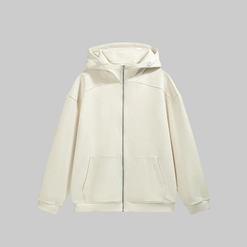 Off-white zip-front fleece hoodie with hood, full-length zipper, and front pockets