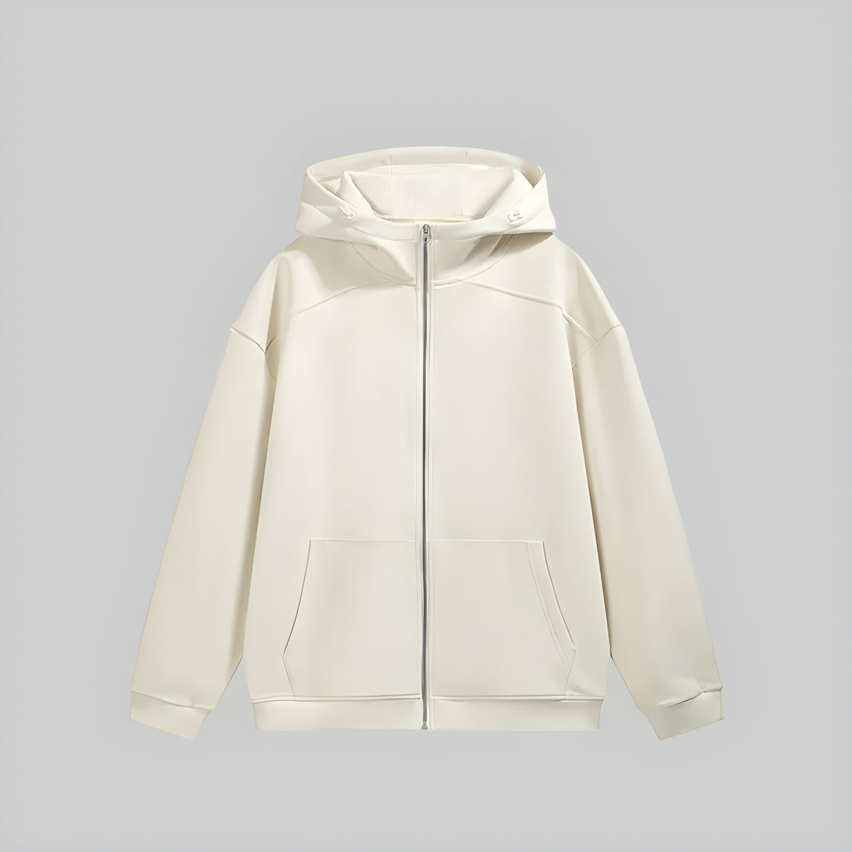 Cream fleece zip-up hoodie with hood and full front zipper, front pockets