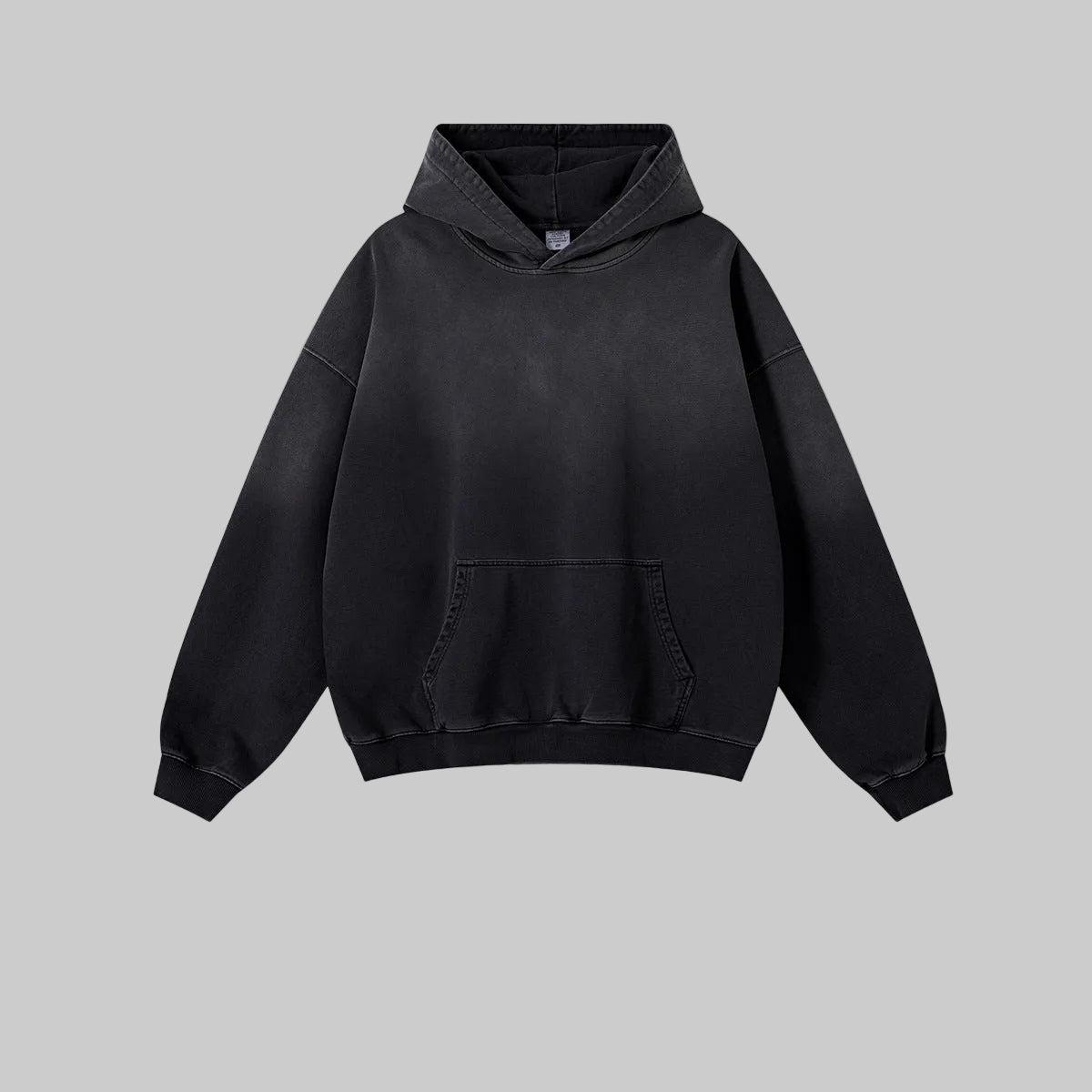 Distressed heavyweight hoodie in dark charcoal with front pocket and hood