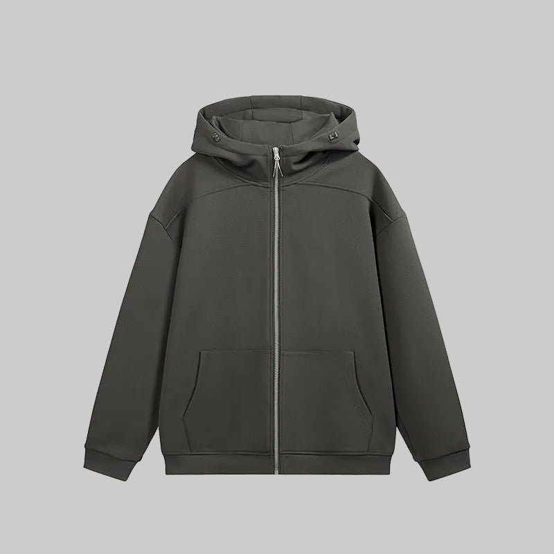 Charcoal fleece zip-up hoodie with hood, full front zipper, and front pockets
