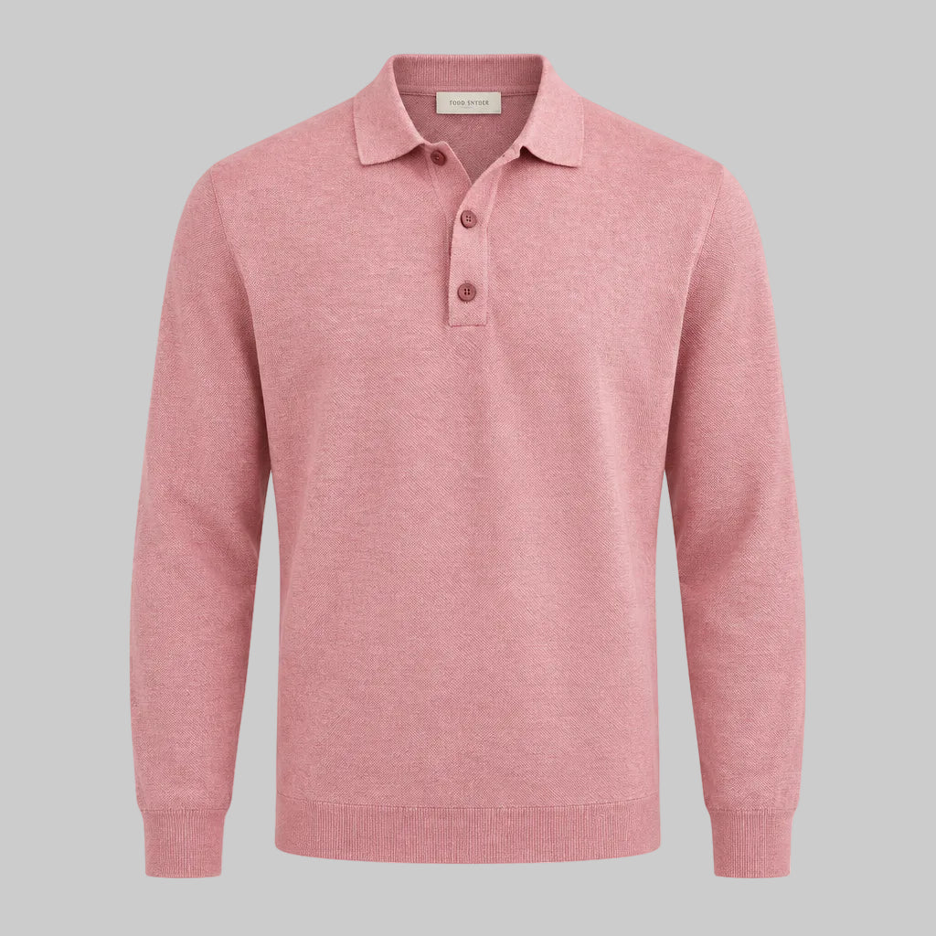 Blush pink long-sleeve V-neck polo sweater with button placket and ribbed cuffs